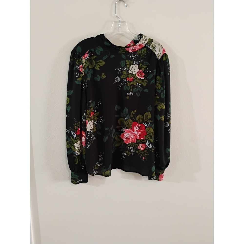 LOFT Black Floral Tie Back Long Sleeve Blouse Red Rose Print Small